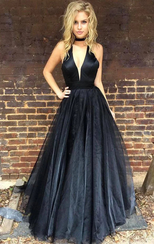 OKBBN Elegant Backless V-neck Long Retro Formal Ball Dress