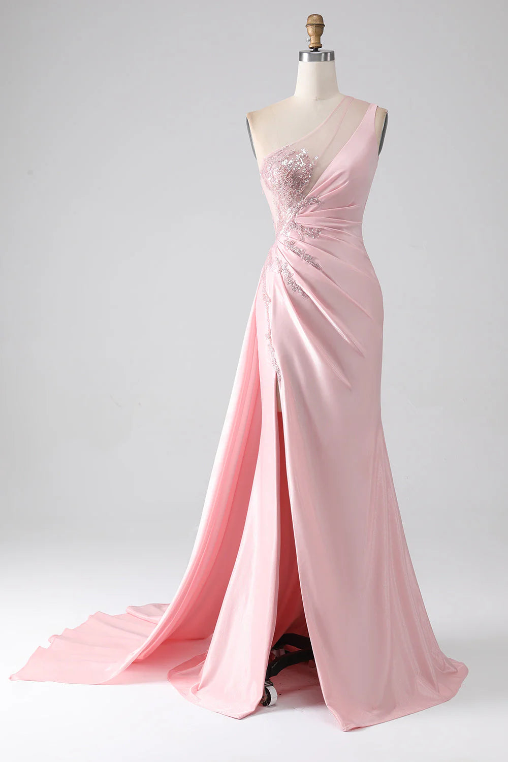 OKBBN Mermaid One Shoulder sequin applique pleated slit long dance dress