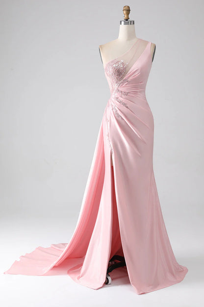 OKBBN Mermaid One Shoulder sequin applique pleated slit long dance dress