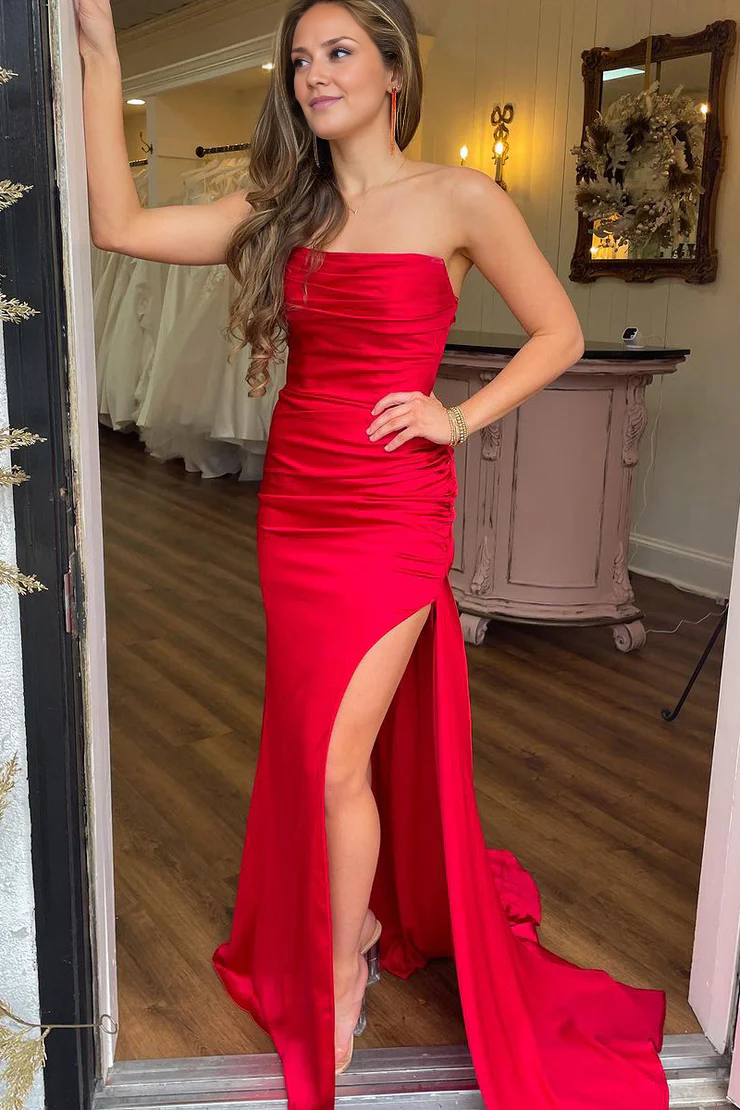 OKBBN Cute Mermaid Strap Satin Ball Dress with Openings