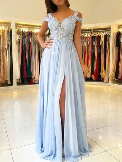 OKBBN A-line elegant sleeveless off shoulder and floor decal chiffon ball gown