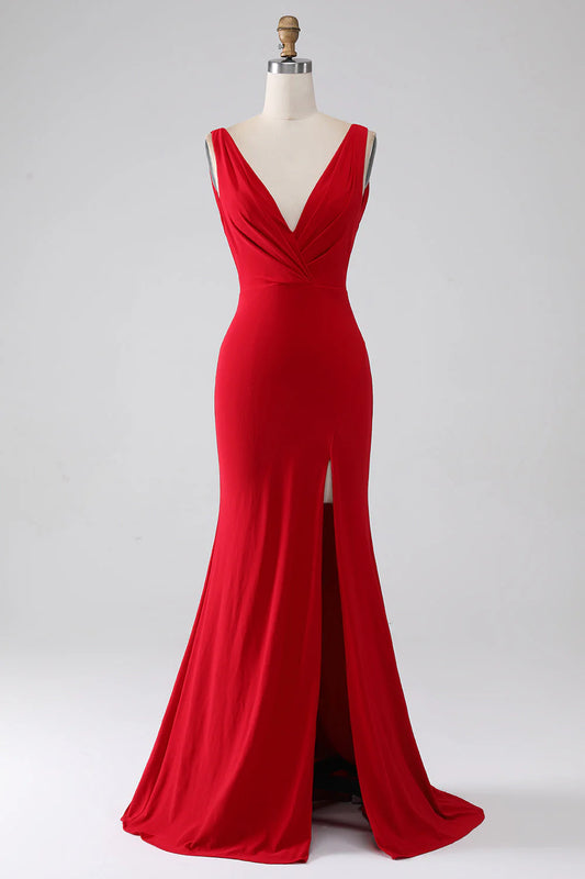 OKBBN mermaid V-neck long backless slit evening gown