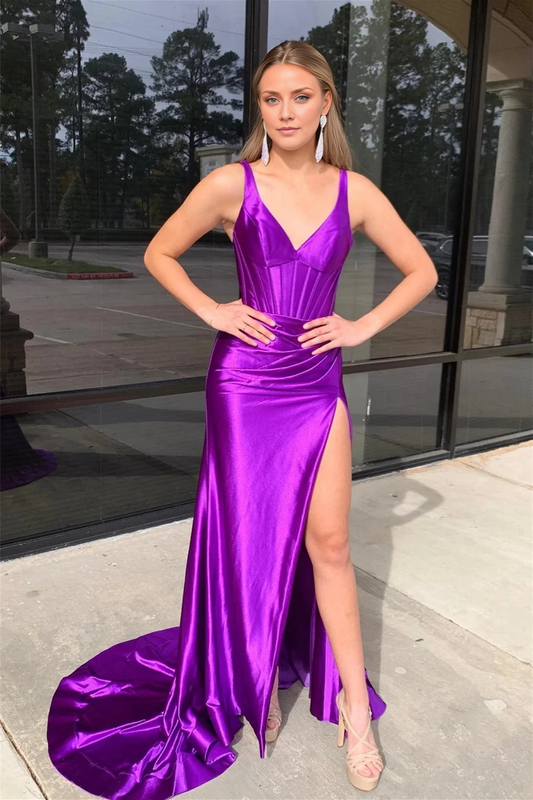 OKBBN Mermaid Satin V-neck Split Long Ball Dress