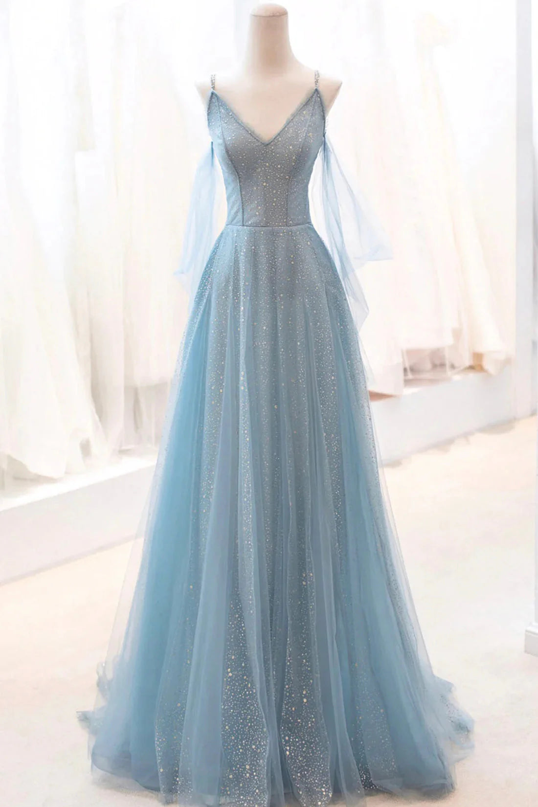 OKBBN Shiny Chiffon Long A-line Strap Ball Dress