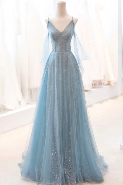 OKBBN Shiny Chiffon Long A-line Strap Ball Dress