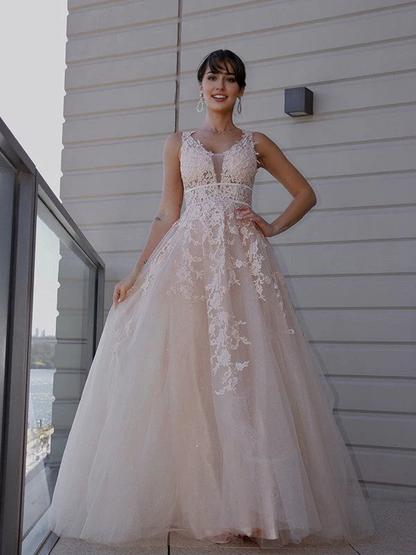 OKBBN A-line elegant chiffon applique round neck sleeveless ball gown
