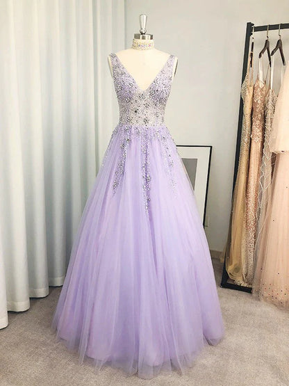 OKBBN A-line elegant chiffon bead V-neck sleeveless and floor dance dress