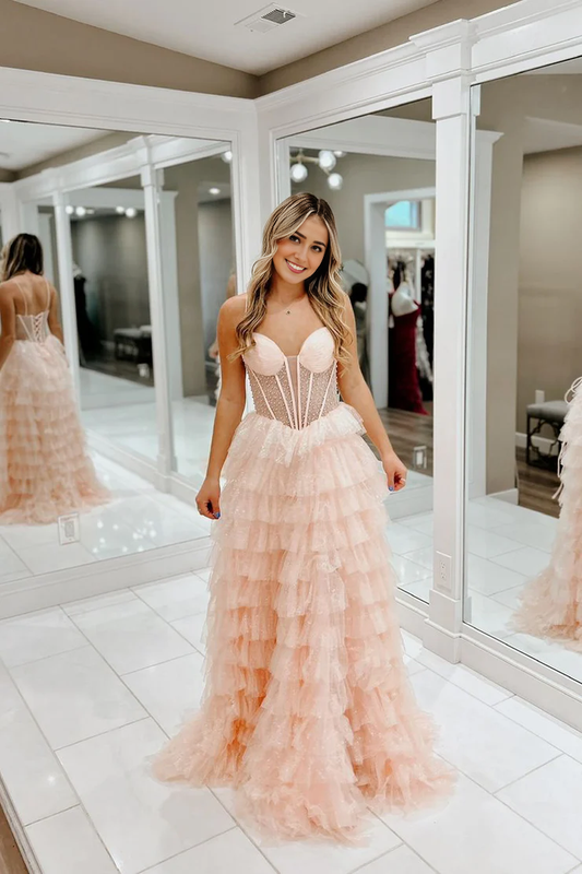 OKBBN A-line Sweetheart Layered Chiffon Long Ball Dress