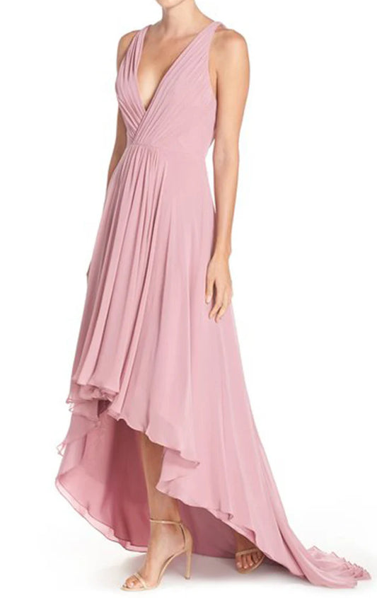 OKBBN Deep V-neck Chiffon High and Low Formal Ball Dress