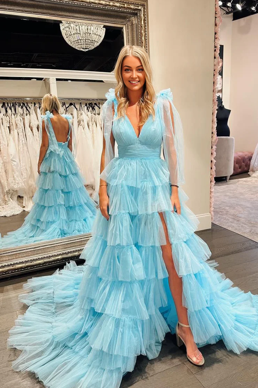 OKBBN Cute A-line V-neck Chiffon Long Split Ball Dress