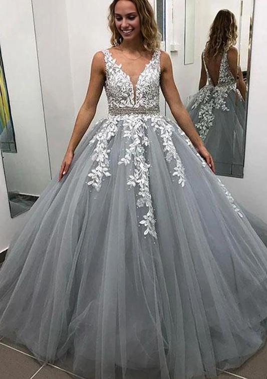 OKBBN sleeveless long and floor chiffon ball dress with lace applique