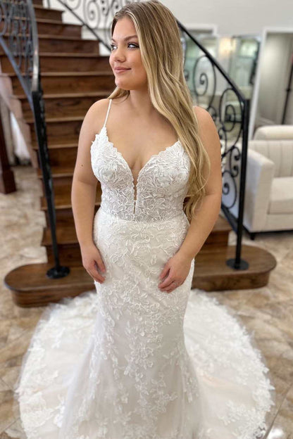 Floral Lace Plunge V Backless Mermaid Long Wedding Dress