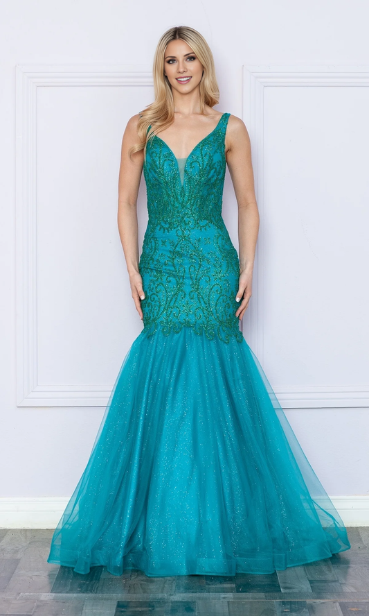 OKBBN Low V-neck Long Sparkling Mermaid Ball Dress