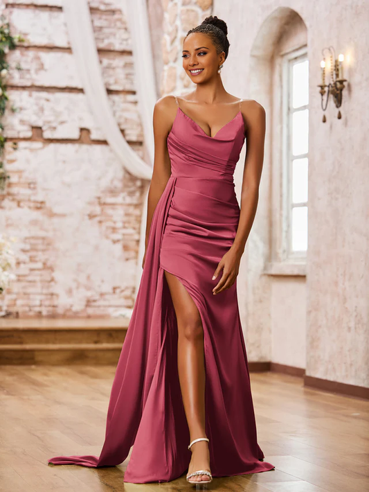 OKBBN tight slim shoulder strap soft satin sexy slit bridesmaid dress