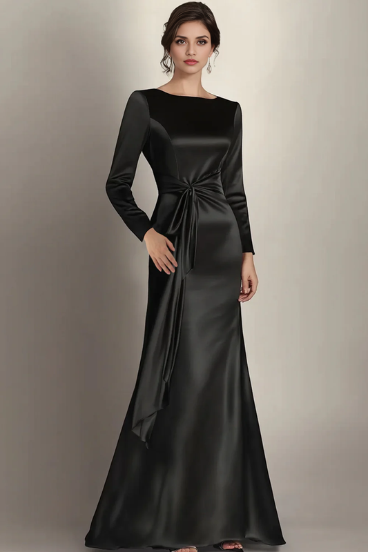 OKBBN mermaid long sleeved satin pleated long dress for brides and mothers