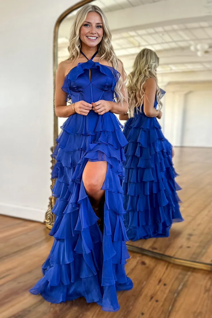 OKBBN Fairy Strap A-line Layered Chiffon Long Split Ball Dress