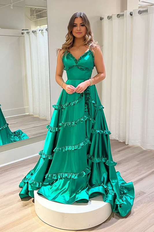 OKBBN A-line V-neck satin ruffle side length dance dress
