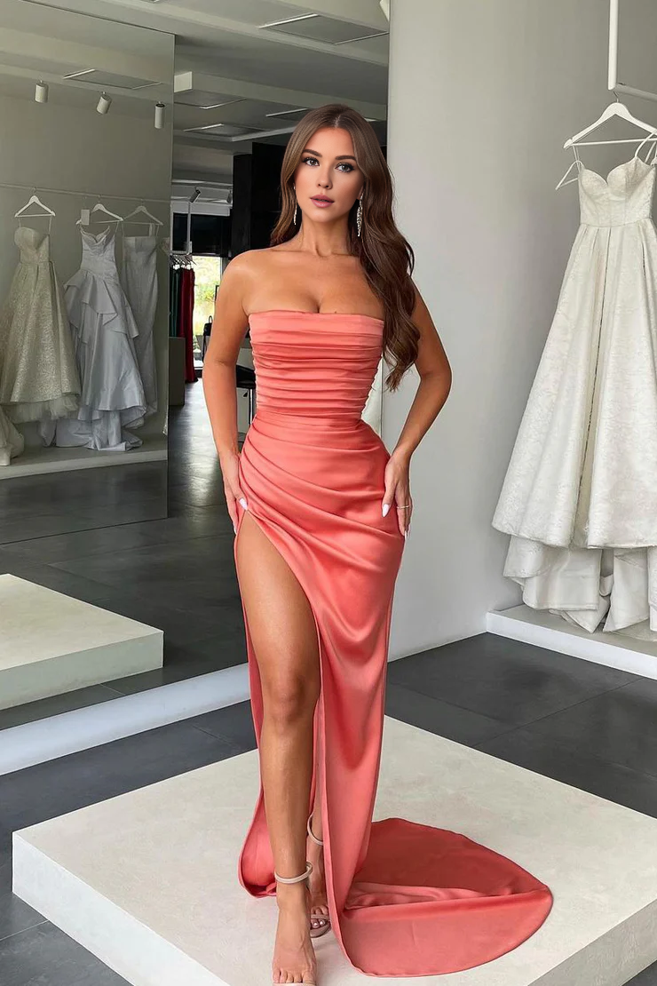 OKBBN mermaid off shoulder satin slit evening gown