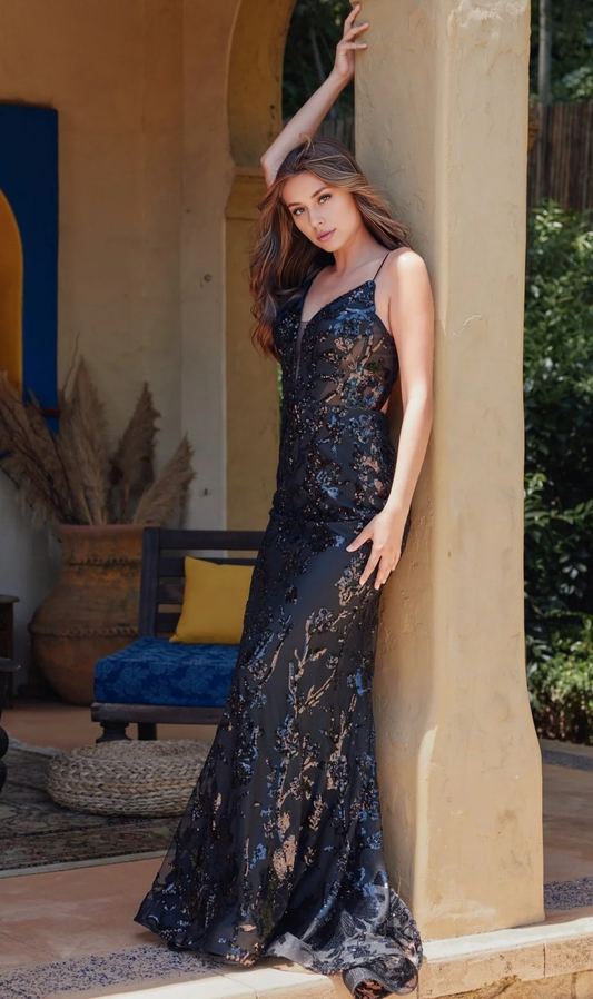 OKBBN charming back strap long sequin printed ball dress
