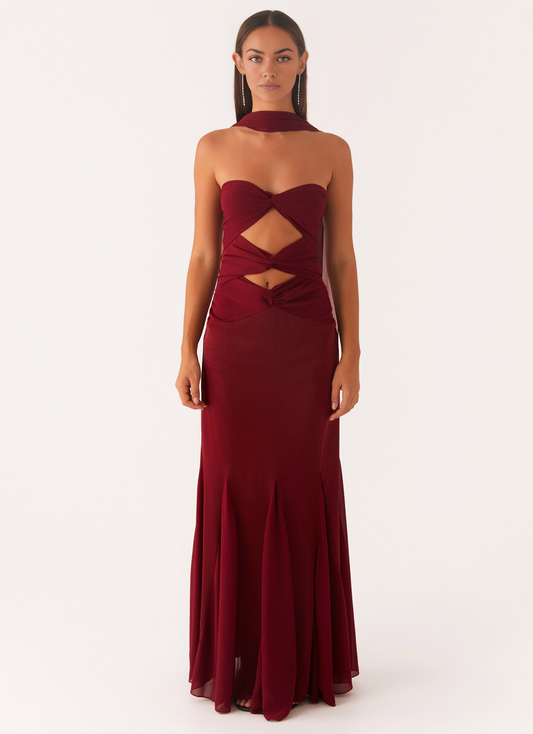OKBBN's luxurious and eye-catching satin chiffon front hollow fish tail skirt with Prom Dresses sticker