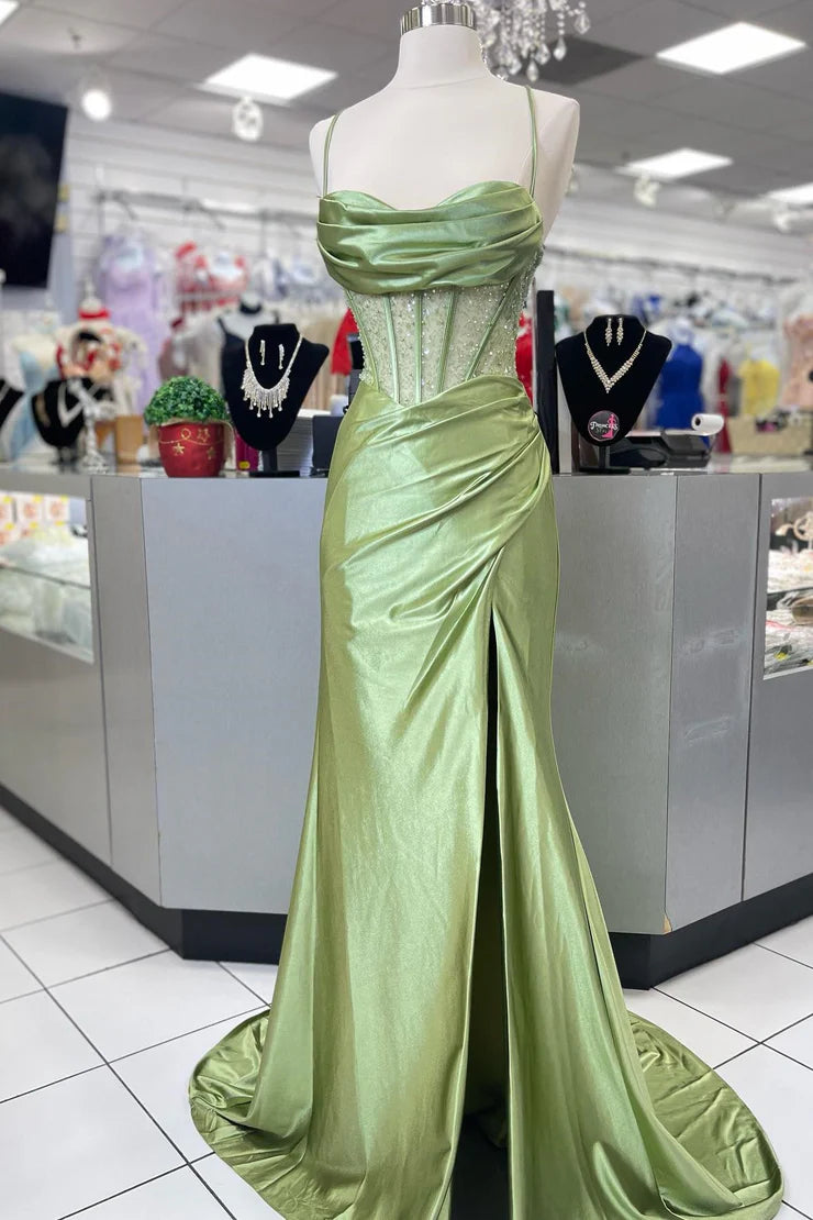 OKBBN Cute Mermaid Satin Long Ball Dress
