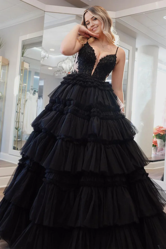 OKBBN Princess V-neck Layered Chiffon Long Ball Dress