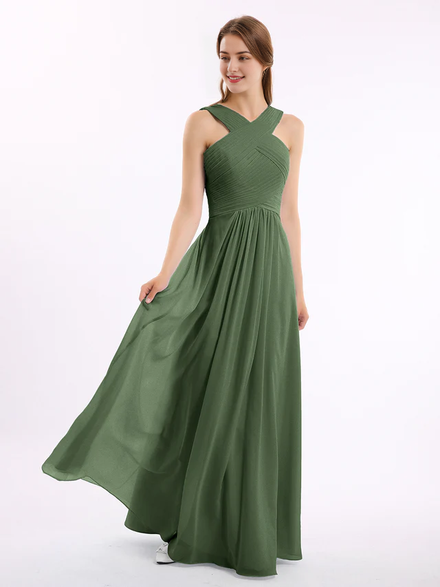 OKBBN Cross Shoulder Chiffon High Waist Bridesmaid Dress