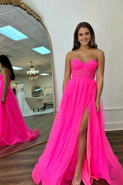 OKBBN Cute A-Shape Sweetheart Chiffon Split Long Ball Dress