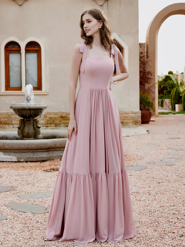 OKBBN A-line bow ruffle sleeveless chiffon bridesmaid dress