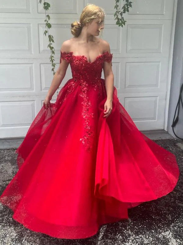 OKBBN A-line elegant off shoulder chiffon applique sleeveless and floor dance dress