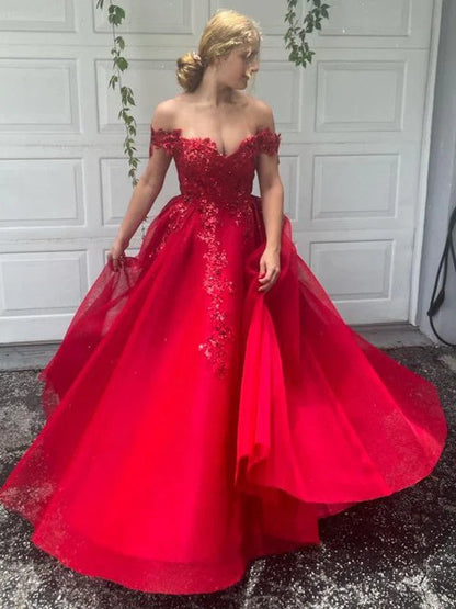 OKBBN A-line elegant off shoulder chiffon applique sleeveless and floor dance dress