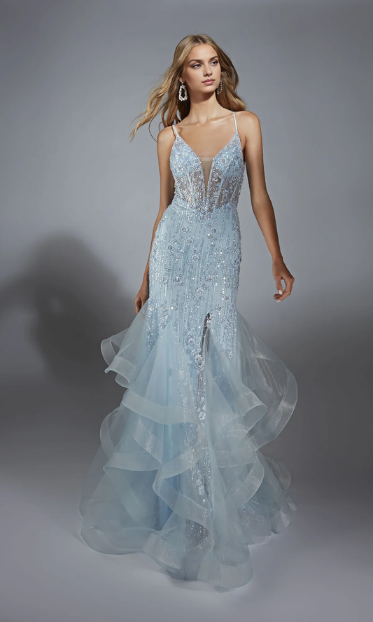 OKBBN beaded chiffon mermaid transparent lace tight corset ball dress