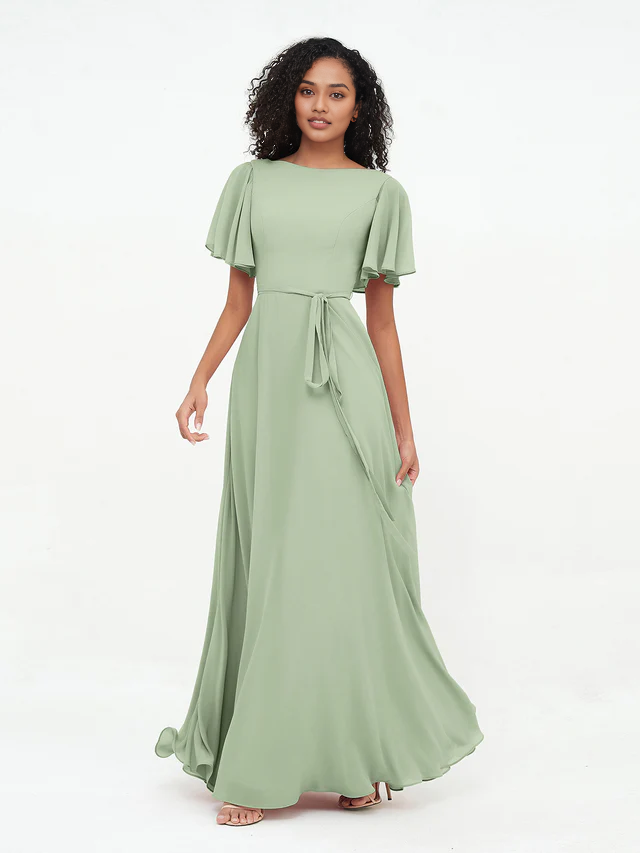 OKBBN elegant flowing sleeve chiffon bridesmaid dress