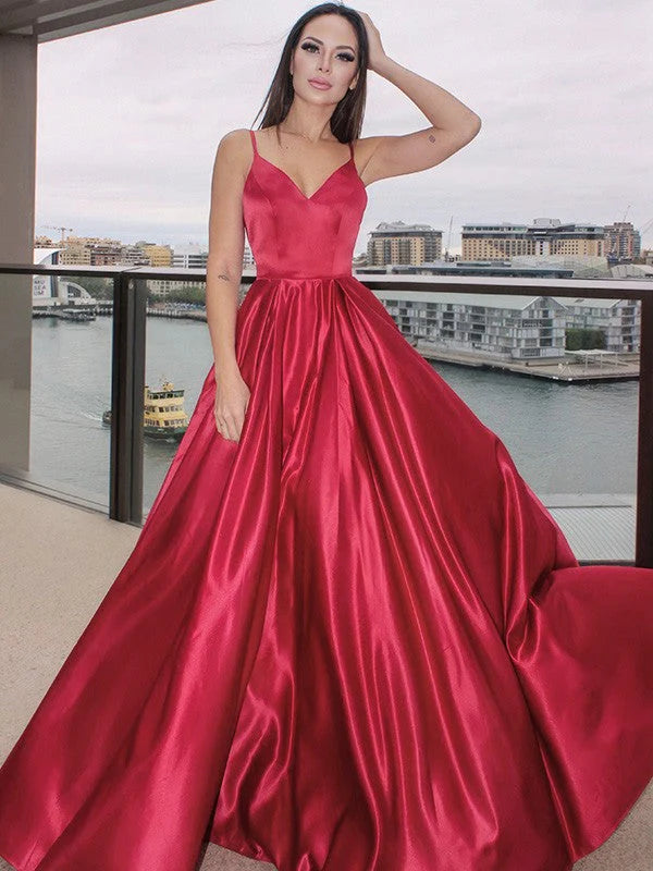 OKBBN A-line elegant sleeveless ruffled V-neck satin and floor dance dress