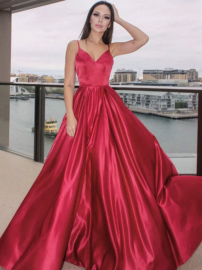 OKBBN A-line elegant sleeveless ruffled V-neck satin and floor dance dress