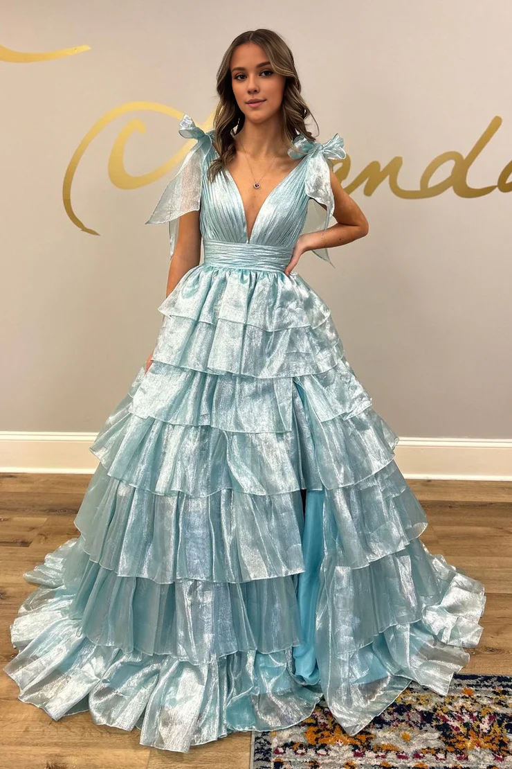 OKBBN charming A-line V-neck ruffled layered ball gown