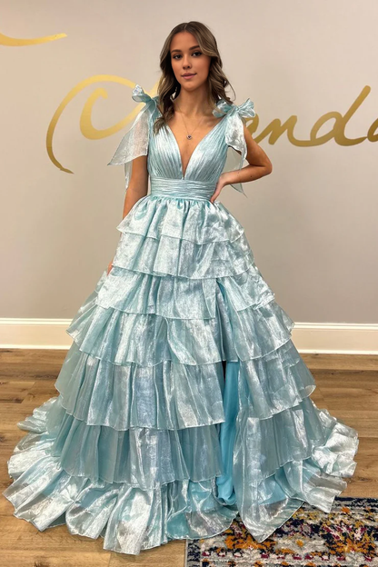 OKBBN charming A-line V-neck ruffled layered ball gown