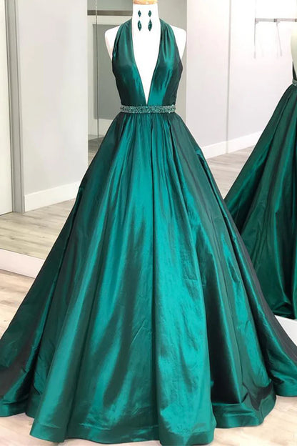 OKBBN Elegant Backless V-neck Satin Long Formal Ball Dress