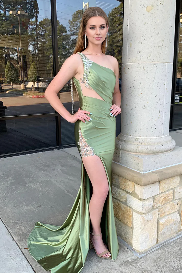 OKBBN Mermaid Single Shoulder Beaded Satin Split Ball Dress