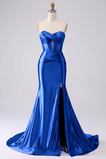OKBBN mermaid tight corset slit long satin evening gown
