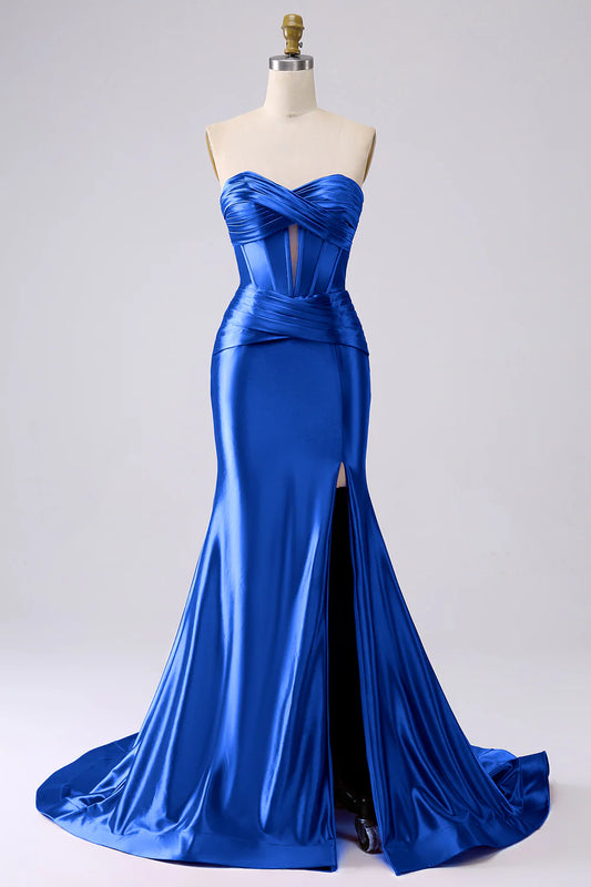 OKBBN mermaid tight corset slit long satin evening gown