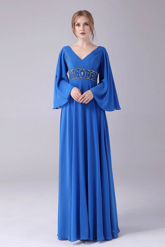 OKBBN A-line V-neck pleated long bridal mother gown