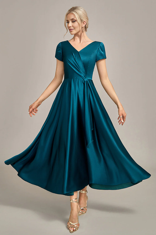OKBBN satin V-neck A-line pleated bridal mother gown