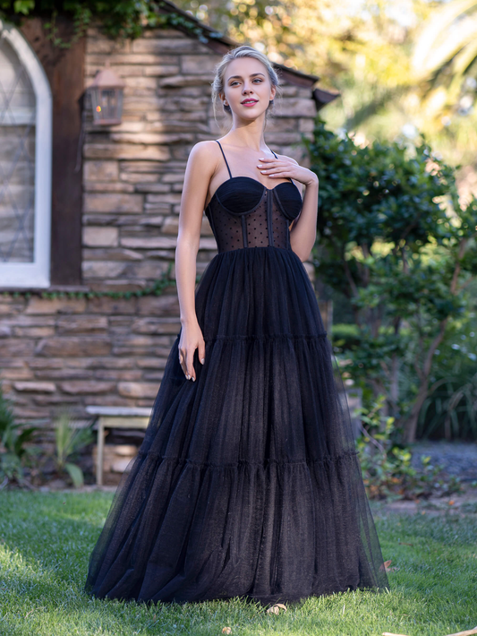 OKBBN tight corset, polka dot chiffon, thin shoulder straps, and ballroom gown