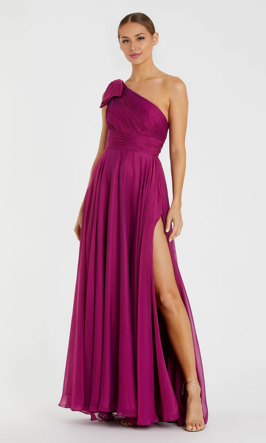 OKBBN's charming long one shoulder asymmetrical neckline ruffled ball gown