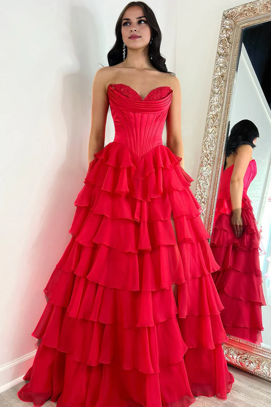 OKBBN Cute A-Shape Sweetheart Chiffon Layered Long Split Ball Dress