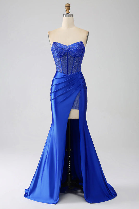 OKBBN mermaid off shoulder tight corset with beaded high slit ball dress