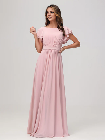 OKBBN boat shaped collar with floating sleeves and floor bridesmaid dress