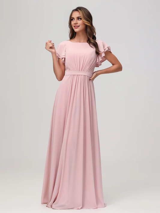 OKBBN boat shaped collar with floating sleeves and floor bridesmaid dress