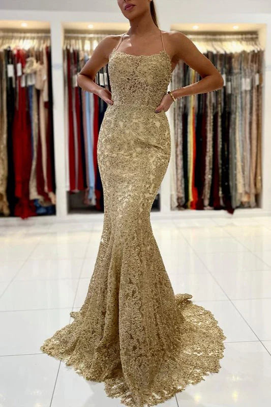 OKBBN Charming Strap Lace Mermaid Sleeveless Long Ball Dress